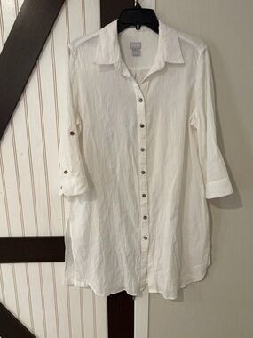 Chicos Womens Button Up Tunic Sz Large Solid White 3/4 Sleeve Cotton